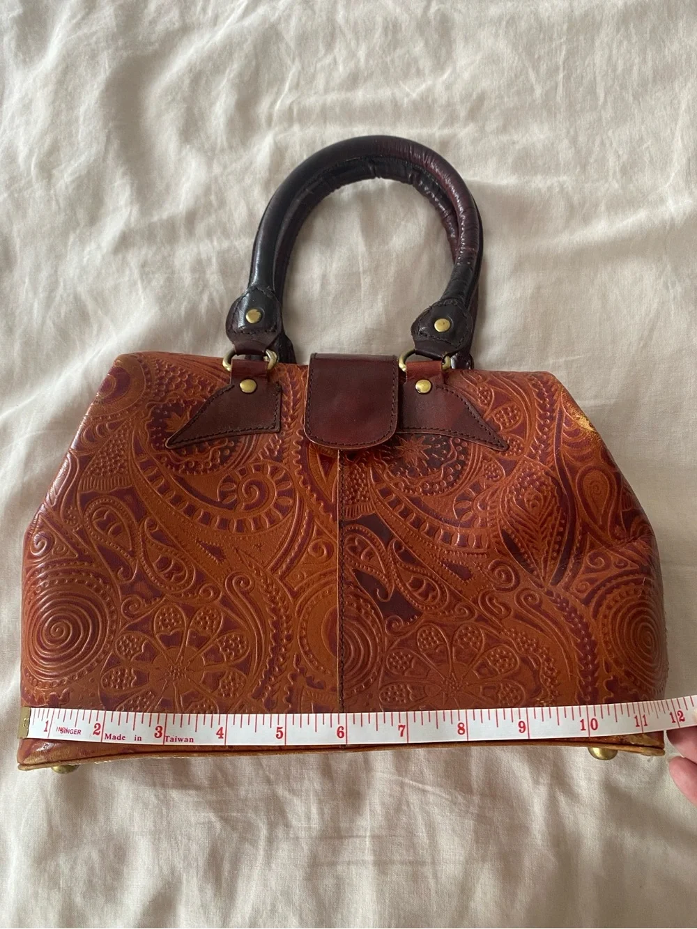 Vintage Leather Satchel Embossed Handbag Brown Medium Size Tooled Leather Boho